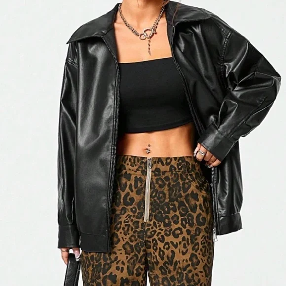 Luxe Vegan Leather Zipper Pockets Oversized Bomber Jacket - Picture 3 of 9